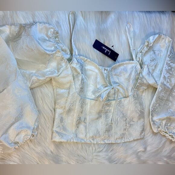 NWT Lulus Romantic Expression Ivory Jacquard Off-the-Shoulder Bustier Top - Picture 7 of 10